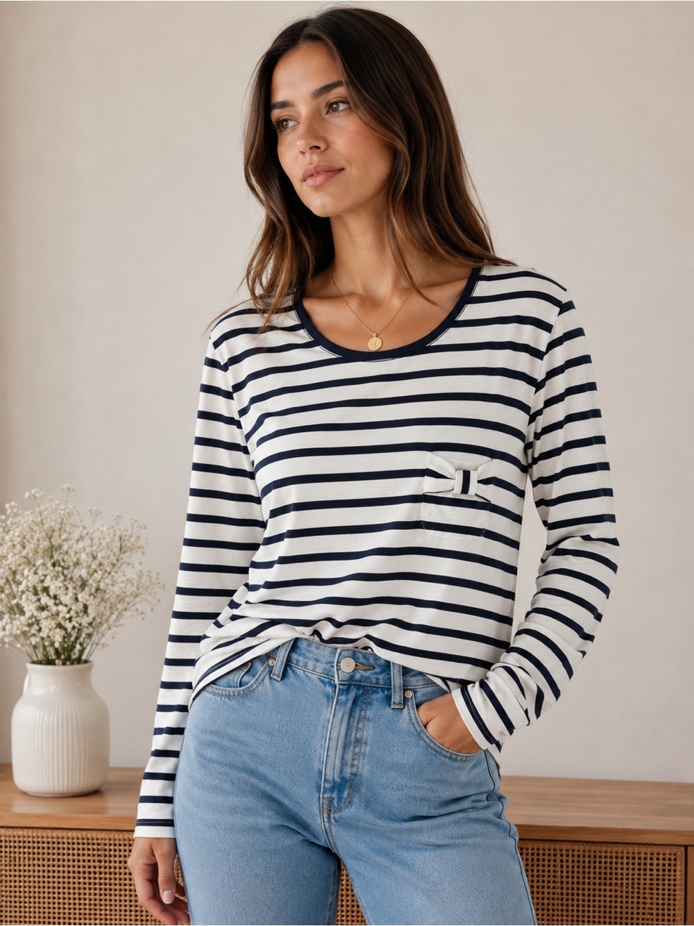 Saint James French Breton Stripe Long Sleeve Top with Bow Detail - Size L/XL